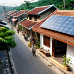 **

"A bustling Vietnamese neighborhood scene. In the foreground, a modern home with solar panels on the roof. Inside, smart home devices glow subtly. In the background, older homes with people gathering outside, using traditional hand fans. Juxtapose the old and new energy consumption habits."

**
