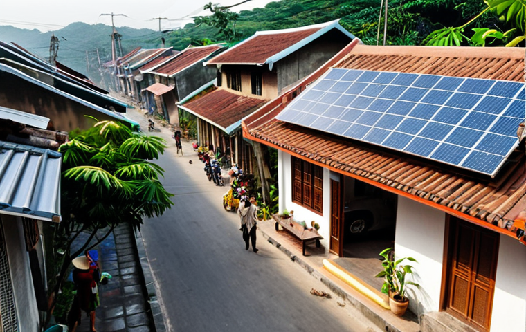 **

"A bustling Vietnamese neighborhood scene. In the foreground, a modern home with solar panels on the roof. Inside, smart home devices glow subtly. In the background, older homes with people gathering outside, using traditional hand fans. Juxtapose the old and new energy consumption habits."

**