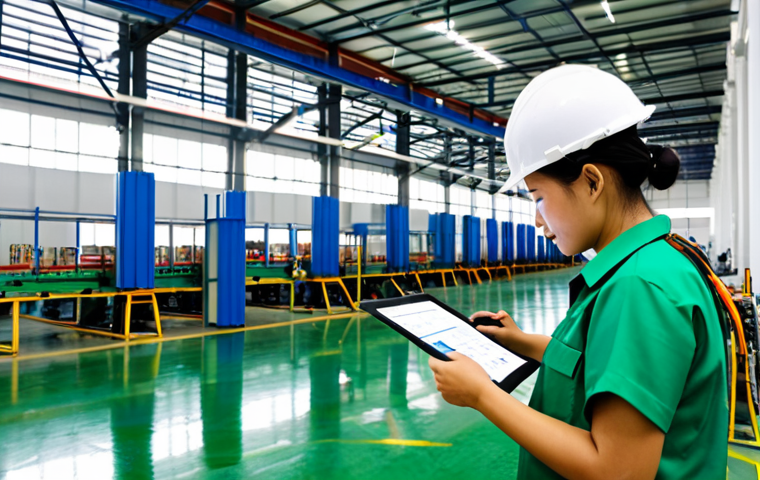 Modern Factory Energy Audit**

"A bright, modern factory floor in Binh Duong, Vietnam, showing an energy audit in progress. Engineers in professional workwear are inspecting LED lighting and machinery with clipboards and tablets. Focus on data collection and analysis, showcasing efficient energy practices. Safe for work, appropriate content, fully clothed, professional setting, perfect anatomy, natural proportions, high quality."

**
