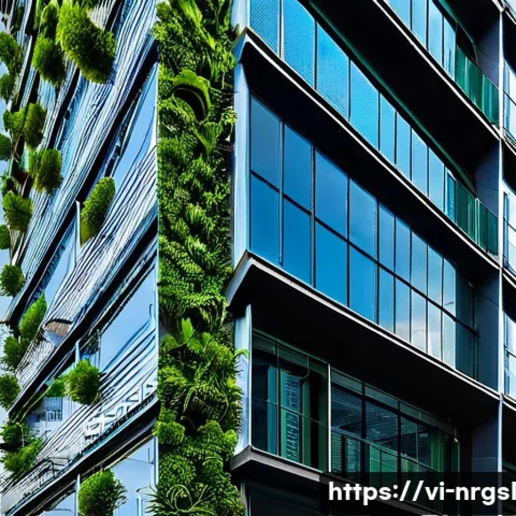 건물 에너지 소비 최적화 사례 연구 - **Modern Vietnamese Office Building with Integrated Solar Architecture**
    A wide shot of a sleek,...