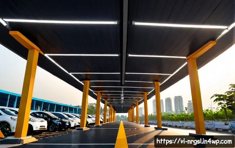 Home 17 전기차 충전 인프라의 최적화 방안 - Photorealistic wide-angle view of a modern electric vehicle charging hub in Ho Chi Minh City, Vietna...